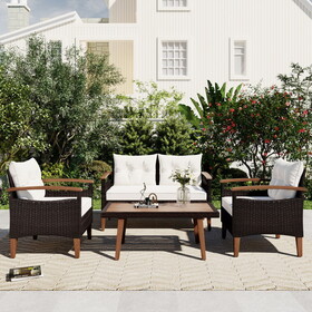GO 4-Piece Garden Furniture, Patio Seating Set, PE Rattan Outdoor Sofa Set, Wood Table and Legs, Brown and Beige