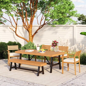 GO Outdoor Wood Dining Set for 6-7 Person, Outdoor Dining Furniture with Removable Cushions, Ergonomic Chairs and Bench, Thicker Table, Nature FG201230AAA