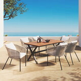 GO 7 Pieces Patio Dining Set, All-Weather Outdoor Furniture Set with Dining Table and Chairs, Acacia Wood Tabletop, Metal Frame, for for Garden, Backyard, Balcony, Beige