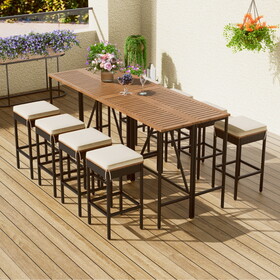 GO 10-Piece Outdoor Acacia Wood Bar Height Table and Eight Stools with Cushions, Garden PE Rattan Wicker Dining Table, Foldable Tabletop, High-Dining Bistro Set, All-Weather Patio Furniture, Brown