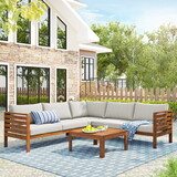 GO Wood Structure Outdoor Sofa Set with beige Cushions Exotic design Water-resistant and UV Protected texture acacia wood Strong Metal Accessories