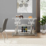 Contemporary Chrome Bar Cart with Wine Rack Silver Modern Glass Metal Frame Wine Storage GHNDT-BCT1003A
