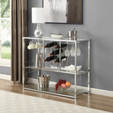 Bar Cart Kitchen Bar&Serving Cart for Home with Glass Holder and Wine Rack, 3-Tier Kitchen Trolley with Tempered Glass Shelves and Chrome-Finished GHNDT-WRK1004A