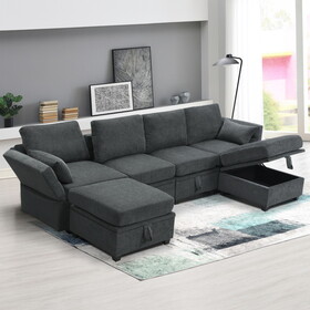 109*54.7" Chenille Modular Sectional Sofa,U Shaped Couch with Adjustable Armrests and Backrests,6 Seat Reversible Sofa Bed with Storage Seats for Living Room, Apartment,2 Colors