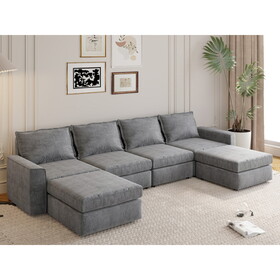 115*58" Chenille Modular Sectional Sofa,U Shaped Reversible Couch,Free Combination,6 Seat Sleeper Sofa Bed with Ottoman,Convertible Oversized Indoor Furniture for Living Room,Gray GS005302AAE