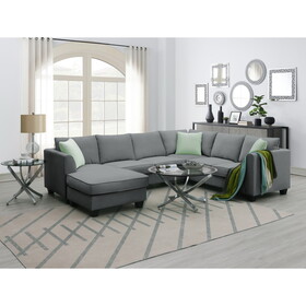 112*87" Sectional Sofa Couches Living Room Sets 7 Seats Modular Sectional Sofa with Ottoman L Shape Fabric Sofa Corner Couch Set with 3 Pillows, Grey