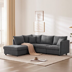 89*79"Modern Sectional Sofa with Vertical Stripes,2 Pillows,5-Seat Couch with Convertible Ottoman,Various Combinations,L-Shape Indoor Furniture for Living Room,Apartment, 3 Colors GS009052AAA