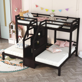 Twin Over Twin & Twin Bunk Bed with Built-in Staircase and Storage Drawer, Espresso Gx000309Aap