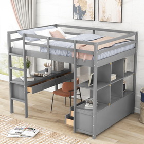 Full Size Loft Bed with Built-in Desk with Two Drawers, and Storage Shelves and Drawers, Gray