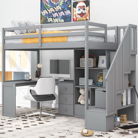 Twin Size Loft Bed with L-Shaped Desk and Drawers, Cabinet and Storage Staircase, Gray