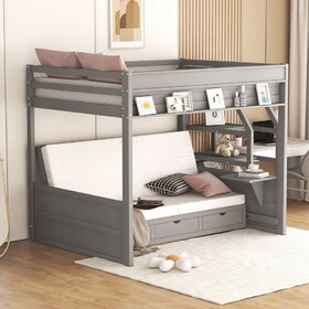 Wood Full Size Convertible Bunk Bed with Storage Staircase, Bedside Table, and 3 Drawers, Gray GX000335AAE