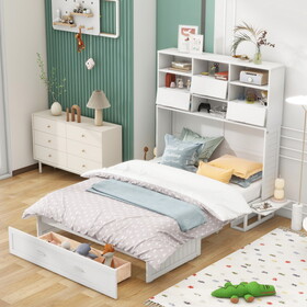 Queen Size Murphy Bed with Bookcase, Bedside Shelves and a Big Drawer, White GX000338AAK-1