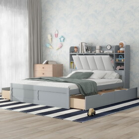 Wood Queen Size Platform Bed with Storage Headboard, Shelves and 4 Drawers, Gray GX000344AAE-1