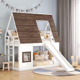 Wood Twin Size House Bunk Bed with Roof, Ladder and Slide, White+Brown GX000345AAK