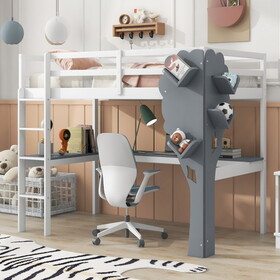Twin Size Loft Bed with L-shaped Desk, Tree Shape Bookcase and Charging Station, White+Gray GX000347AAK