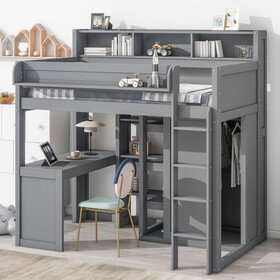 Wood Twin Size Loft bed with Multiple Storage Shelves and Wardrobe, Gray GX000361AAE