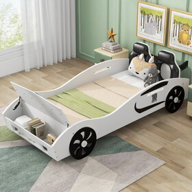 Twin Size Race Car-Shaped Platform Bed with Upholstered Backrest and Storage, White GX000362AAK