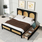 Queen Size Wood Storage Platform Bed with 2 Drawers, Rattan Headboard and Footboard, Black GX000365AAB