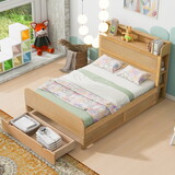 Full Size Platform Bed with Storage Headboard and a Big Drawer, Wood Color P-GX000370AAA