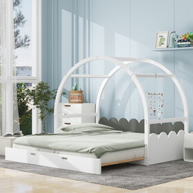 Twin size stretchable vaulted roof bed, children's bed pine wood frame, white+gray GX000378AAD