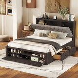 Wood Queen Size Platform Bed with Storage Headboard, shoe rack and 4 drawers, Espresso GX000379AAD