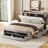 Wood Queen Size Platform Bed with Storage Headboard, shoe rack and 4 drawers, Gray GX000379AAE