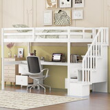 Twin Size Loft Bed Frame with Built-in Desk and Double Storage Drawers,White