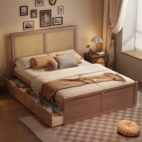 Queen Size Wood Storage Platform Bed with 4 Drawers, Rattan Headboard, Espresso