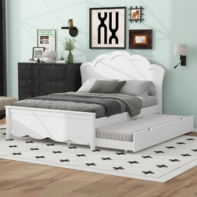 Full Size Wood Platform Bed with Headboard and Twin Size Trundle, White GX000389AAK