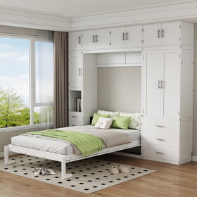 Full Size Murphy Bed with Lockers and Wardrobes, with installation video, White P-GX000391AAK