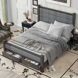 Queen Size Wood Frame Platform Bed with Upholstered Headboard, Footboard and 2 Drawers, Antique Gray