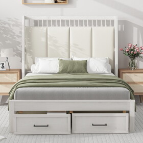 Full Size Wood Platform Bed with Upholstered Headboard and 2 Drawers, White GX000394AAK