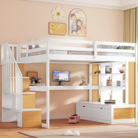 Full Size Loft Bed with Desk and Shelves, Two Built-in Drawers, Storage Staircase, White and Natural GX000397AAD