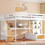 Full Size Loft Bed with Desk and Shelves, Two Built-in Drawers, Storage Staircase, White and Natural GX000397AAD