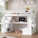 Full Size Loft Bed with Desk and Shelves, Two Built-in Drawers, Storage Staircase, White GX000397AAK