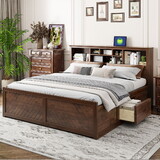 King Size Wood Platform Bed with Multi-storage Headboard, USB and Drawers, Antique Wood Color GX000400AAD