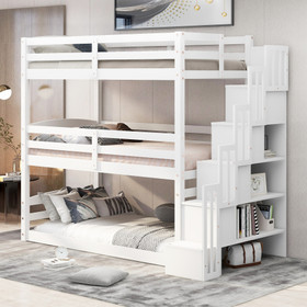 Twin Size Triple Bunk Bed with Storage Staircase, Separate Design, White GX000413AAK