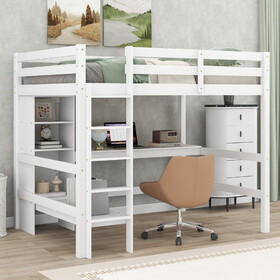 Full Size Loft Bed with Multifunction Shelves and Under-bed Desk, White GX000419AAK