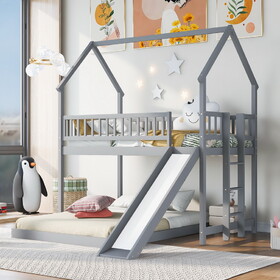 Twin over Full House Bunk Bed with Slide and Built-in Ladder, Full-Length Guardrail, Gray GX000430AAE