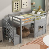 Twin Size Loft Bed with Storage Staircase and Window, Gray