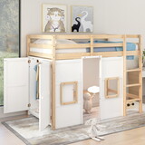 Wood Twin Size Loft Bed with Built-in Storage Wardrobe and 2 Windows, Natural/White GX000443AAE