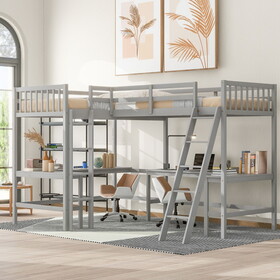 Wood Twin Size L-Shaped Loft Bed with Ladder and 2 Built-in L-Shaped Desks, Gray GX000444AAE