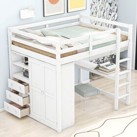 Wood Full Size Loft Bed with Built-in Wardrobe, Desk, Storage Shelves and Drawers, White P-GX000445AAE