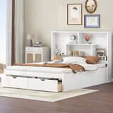 Queen Size Platform Bed with Storage Headboard and 2 Drawers, White P-GX000455AAE