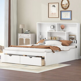 Queen Size Platform Bed with Storage Headboard and 2 Drawers, White GX000455AAE