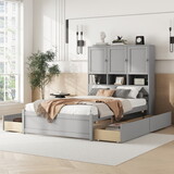 Full Size Platform Bed with Storage Headboard and 4 Drawers, Gray P-GX000457AAE