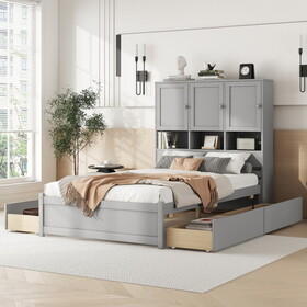 Full Size Platform Bed with Storage Headboard and 4 Drawers, Gray GX000457AAE