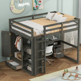 Wood Full Size Loft Bed with Built-in Wardrobe, Desk, Storage Shelves and Drawers, Gray