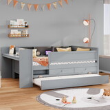 Multi-Functional Twin Daybed with Drawers and Trundle, Headboard Storage and Tables, USB Charging Station, Gray GX000462AAE