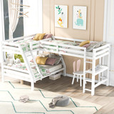 L-Shaped Twin Over Full Bunk Bed and Twin Size Loft Bed with Built-in Desk, White Gx000519Aak